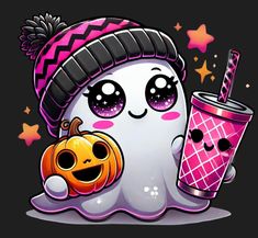 a cartoon ghost holding a drink and wearing a knitted hat with two pumpkins