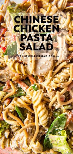 chinese chicken pasta salad in a red bowl