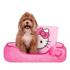 a brown dog sitting in a pink kitty bed with a laptop on it's lap