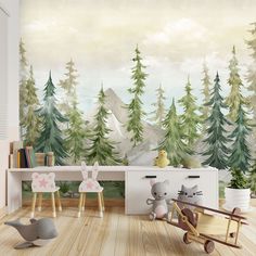 a room with wooden flooring and wallpaper decorated with pine trees, mountains and animals