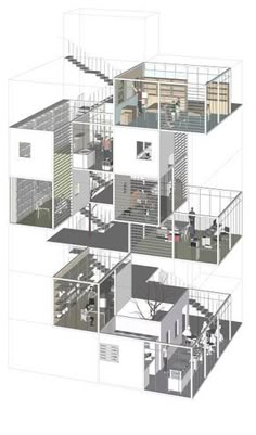 an architectural drawing shows the inside of a house with multiple floors and balconies