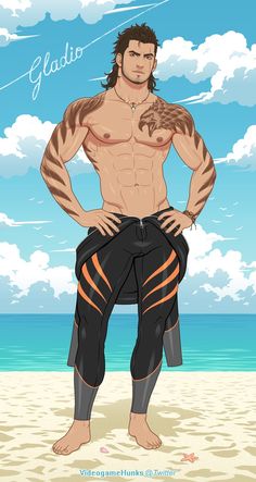 a man standing on top of a sandy beach next to the ocean with his hands on his hips