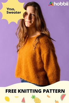 a woman wearing an orange sweater with the words free knitting pattern in front of her