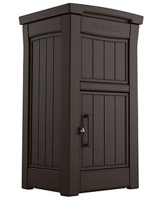 a brown wooden storage cabinet sitting on top of a white floor