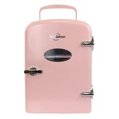 a pink piece of luggage sitting on top of a white floor