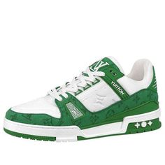 LOUIS VUITTON LV Trainers 'White with Green Monogram' 1A9JI1 Lv Trainers, Louis Vuitton Trainers, Limited Edition Shoes, Lv Shoes, Cute Nike Shoes, S Monogram, Cute Nikes, Lv Monogram, Louis Vuitton Shoes