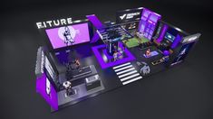 an exhibition booth designed to look like a futuristic building with purple lighting and black walls