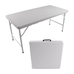 a white table with a black handle on it and an empty suitcase next to it