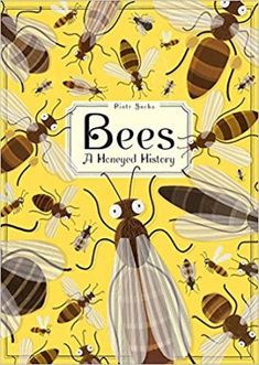 the book of bees is shown in front of a yellow background with lots of bees on it