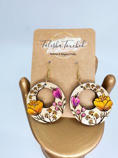 Laser Jewelry Design, Hand Painted Earrings Wood, Laser Cut Wood Earrings, Flower Dangle Earrings, Hand Painted Earrings, Painted Earrings, Hand Painted Jewelry, Egyptian Jewelry, Wooden Earrings