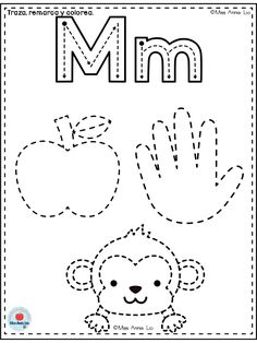 letter m worksheet with an apple and monkey