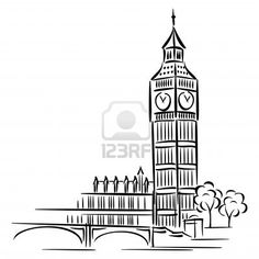 the big ben clock tower towering over the city of london in black and white coloring