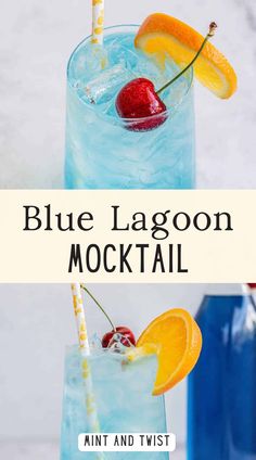 blue lagoon mocko cocktail in a tall glass garnished with orange slices and cherries