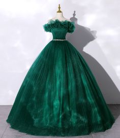 Green tulle long ball gown dress formal dress · Little Cute · Online Store Powered by Storenvy Prom Dress Green, Tulle Neckline, Sweet 16 Dress, Off Shoulder Evening Dress, Green Evening Dress, Green Tulle, 16 Dress, Long Prom Gowns, Graduation Dresses