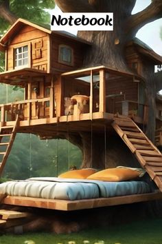 there is a tree house with a swing bed in the middle and stairs leading up to it