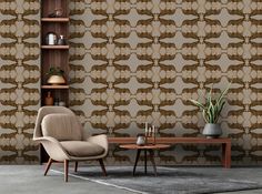 a living room scene with focus on the wallpaper and chair, coffee table and shelves