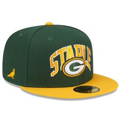 Celebrate 25 years of streetwear from Staple by grabbing this Green Bay Packers NFL x Staple Collection 59FIFTY Fitted Hat from New Era. The raised embroidered graphics embody the intersection of sport and design through the lens of street culture. Rep your team with this exclusive collaboration that features unmistakable Green Bay Packers insignia. Embroidered graphics with raised details High Crown Officially licensed Structured fit Material: 100% Polyester Wipe clean with a damp cloth Flat bi Green Bay Packers Hat, Packers Gear, Gold Color Scheme, Nfl Green Bay, Nfl Packers, Nfl Gear, Shield Design, Street Culture, National Football League