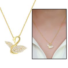 Women's White Zircon Gemmed Swan Pendant 925 Carat Silver Necklace Swan Pendant, Art Sketches, Character Art, Silver Necklace