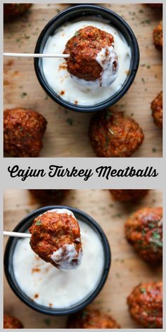 meatballs with yogurt and sour cream are served in small black bowls