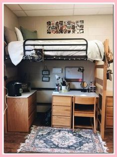 a dorm room with bunk beds and desks