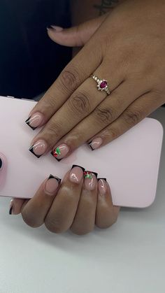 #blackfrenchtip #frenchtip #shortacrylicnails #shortfrenchtip #cherrycharm #nailcharms #millyrockedyonails #purtyyp #nailcam #blackgirlnails #pinkiphone Short Nails Black Girls Ideas, Nails No Acrylic, Short Nails Black Design, Short French, Short Black French Tip Nails, Black Acrylic Nail Designs, Overlay Nails, Black Acrylic Nails, Gel Toe Nails