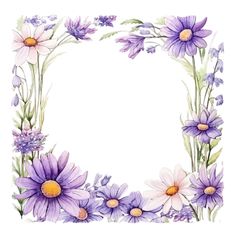 watercolor painting of purple and white flowers in a square frame on a white background