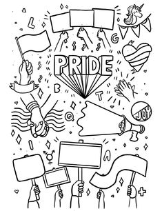 a black and white drawing with the word pride surrounded by people holding signs, flags and balloons