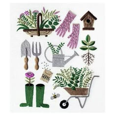 the embroidery pattern shows gardening tools and flowers