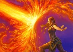 a painting of a woman standing in front of a fireball with her arms outstretched