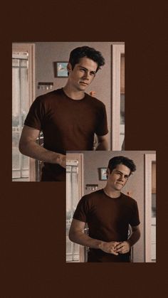 three pictures of a man in a brown t - shirt with his hand on his hip