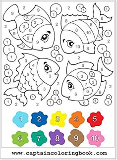 the color by number page for children to learn how to draw and paint fish with numbers