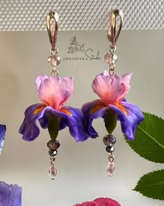 Earrings With Realistically Iris Handmade Flower Jewelry Polymer Clay Earrings Pink Purple Violet Orange Long Dangle Earrings Iris Jewelry - Etsy Iris Earrings, Iris Jewelry, Clay Flower Earrings, Polymer Clay Flower Jewelry, Jewelry Polymer Clay, Iris Flower, Polymer Clay Flowers, Long Dangle Earrings, Funky Jewelry