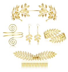 PRICES MAY VARY. [Value set]-You can get 6 pieces for one order, a Greek goddess crown leaf headband, two earrings, two armbands (also a bracelet), and a leaf hair comb, a beautiful Greek jewelry set You use and meet your different hairstyle needs. [Material and size]-Material: They are made of delicate artificial pearls and gold alloys. Please bend them gently and carefully for adjustment. Size:Bracelet: 3.4in * 3.2in, 3.4in * 1.4in. Headband: 5.9in * 2.0in; Hair comb: 6.1in * 2.6in; earrings: Goddess Costume Accessories, Grecian Goddess Costume, Greek Goddess Hairstyles, Greek Accessories, Gold Leaf Headband, Toga Party, Ancient Greek Jewelry, Leaf Headband, Goddess Bracelet