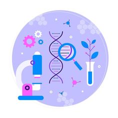 a purple circle with some science related items on it and a plant in the middle