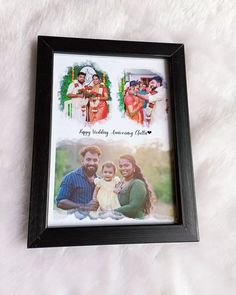 a couple and their child are sitting in front of a christmas card