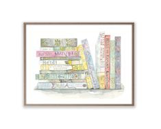 BookStack-Girls-product-framed.jpg Stack Of Books Painting, Stacked Books Illustration, Bookshelf Watercolor, Watercolor Stack Of Books, Books Watercolor, Book Pile, Textured Watercolor, Watercolor House Portrait, Watercolor Books