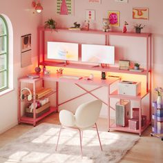 a room with a desk, chair and shelves on the wall next to a window