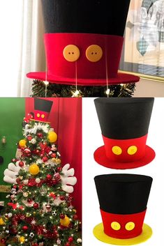 there are three different hats on top of the christmas tree and one is red with yellow eyes