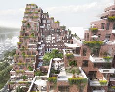 an artist's rendering of a city with lots of plants growing on the buildings