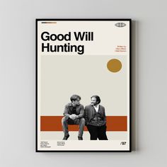 a poster with two men sitting next to each other on top of a white wall