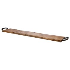 a long wooden shelf with metal handles