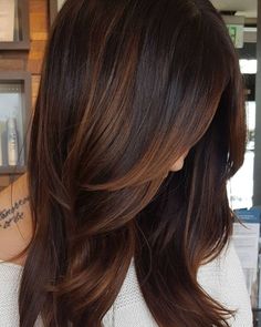 Copper Highlights For Dark Hair Highlights For Dark Brown Hair, Hair Color Chocolate, Chocolate Hair, Dark Hair With Highlights, Brown Hair With Highlights, Dark Brown Hair, Cool Hair Color, Light Brown Hair, Hair Color Trends