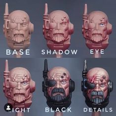 six different types of headgear with the words base shadow eye light black details