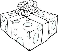 a black and white drawing of a present box with a bow on it's top