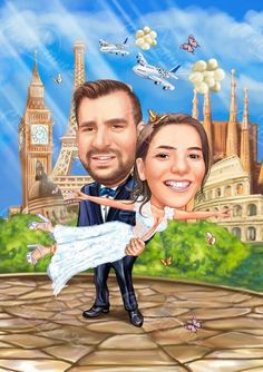 a wedding caricature with the bride and groom in paris