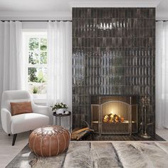 a living room with a fire place in the center and two chairs next to it