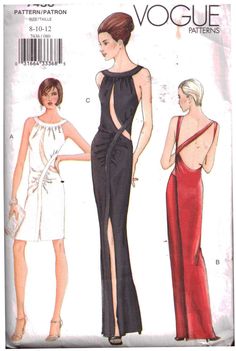 two women's dresses and one woman's evening gown sewing pattern, front view