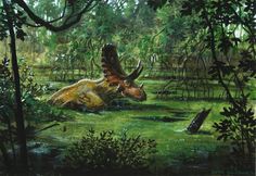 a painting of an animal laying in the grass