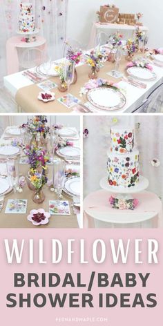 a baby shower party with flowers on the table and plates, napkins and cups