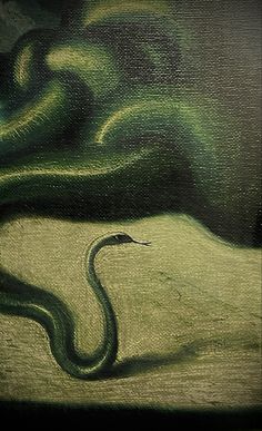 a painting of a green snake on a white surface with black and grey colors in the background